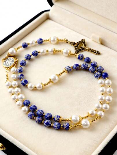 GO2CJBEADS 1件手工天然石珠念珠十字架项链，经典复古宗教礼品，串珠项链祈祷饰品