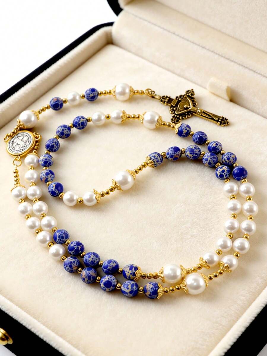 GO2CJBEADS 1pc Handmade Natural Stone Beads Rosary Cross Necklace, Classic Vintage Religious Gift, Beaded Necklace Prayer Jewelry - Z0694A - View 1