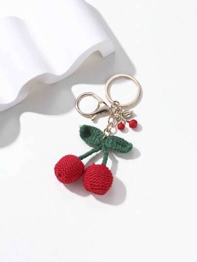 1 chiếc móc khóa hình quả anh đào đỏ đan thủ công, mặt dây chuyền hợp kim, phụ kiện đa năng cho túi xách/xe hơi.