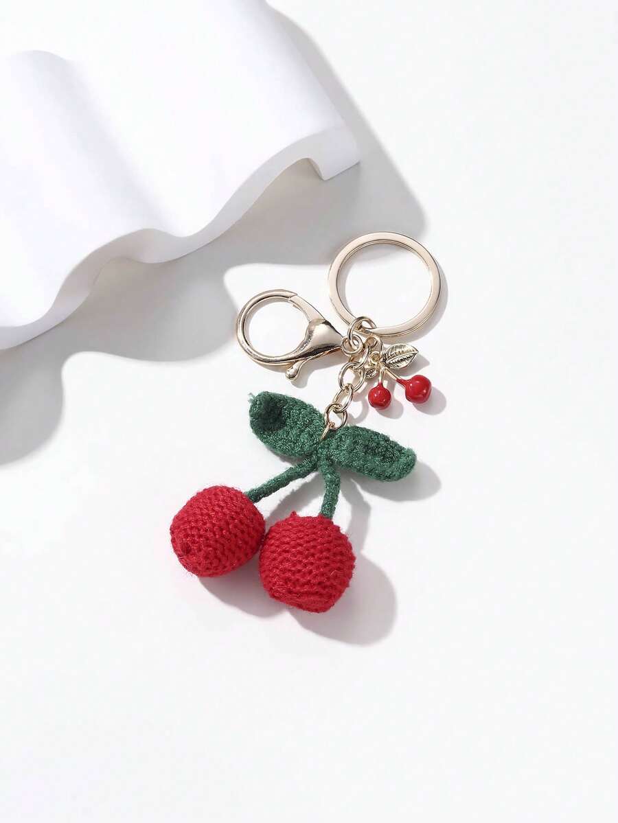 1 chiếc móc khóa hình quả anh đào đỏ đan thủ công, mặt dây chuyền hợp kim, phụ kiện đa năng cho túi xách/xe hơi. - Đỏ - Xem 1