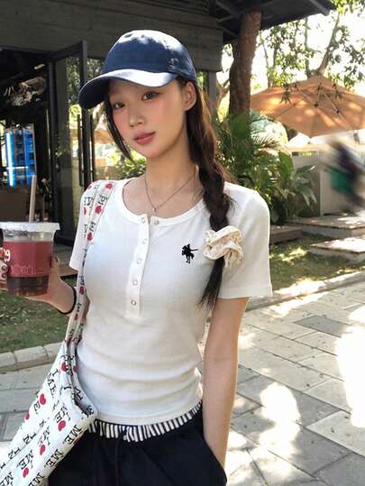 Áo thun nữ cổ tròn tay ngắn, màu trơn, thêu họa tiết thường ngày, mùa xuân/hè