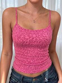 Buzzelle Women's Fashionable Pink Leopard Print Crew Neck Fitted Casual Vacation Sexy Camisole Top, Summer Outfit Black - Black - View 7