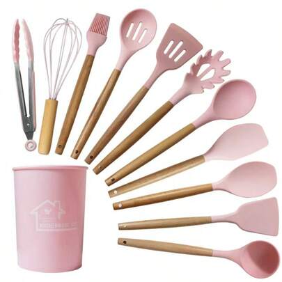 Kitchen Utensil Set, Wooden Handle Silicone Cookware Set, Non-Stick Silicone Spatula Set, Silicone Kitchen Utensils Set, Rotating Kitchen Utensil Storage Bucket, Heat-Resistant Kitchen Tools, Tongs, Scraper, Spoon, Brush, Mixer, Kitchen Tool Set, Suitable For Non-Stick Pots And Pans, Dishwasher