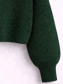 Women's Dark Green Cropped Sweater With Thick Knit, High Neck, Off-Shoulder, And Turtleneck Style For Winter - Dark Green - View 3