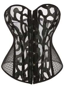 Luna Muse Women's Autumn/Winter New Black Mesh Bustier Corset Top, Y2K Vintage Bustier Bodysuit With Tie-Up Rings, Cropped Tight Camisole Tank Top, Retro Elegant Decor, Suitable For Banquet, Party, Date, Casual, Commute, Streetwear, Nightclub, Back To School, Punk Style, Thanksgiving, Music Festival, Christmas, New Year Outfit, Paired With Mini Skirt, Retro Outfit - Black - View 5