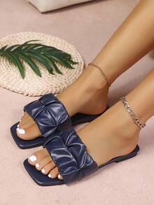 Sandale damă noi de vară, la modă, versatile, antiderapante, plate, confortabile, cu vârful pătrat, papuci casual de plajă de mărime mare, sandale simple dintr-o singură bucată, pantofi cu croială largă - Albastru marin - Vizualizare 6