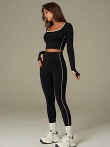 UONNOU Bộ đồ thể thao 2 món dành cho nữ mùa xuân/thu: quần legging xếp ly cạp cao và áo croptop cổ tròn có lỗ xỏ ngón tay, thích hợp tập yoga và thể dục. - màu đen - Xem 8