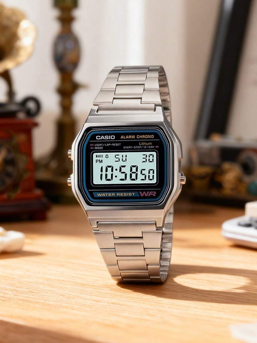 Đồng hồ kỹ thuật số Casio A158WA Series | Unisex | Báo thức hàng ngày | Hiển thị giờ thông thường: Giờ, phút, giây, chiều, ngày, thứ - Xám - Xem 1
