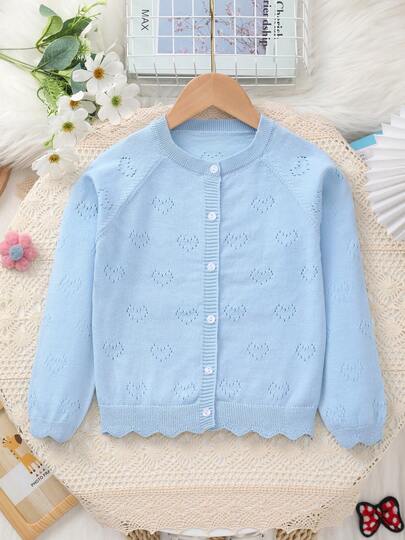 Girls' Spring/Summer Floral Lace Design + Perforated Heart Pattern Knit Cardigan, Gentle And Elegant, Suitable For Outings, Gatherings Or Casual Wear