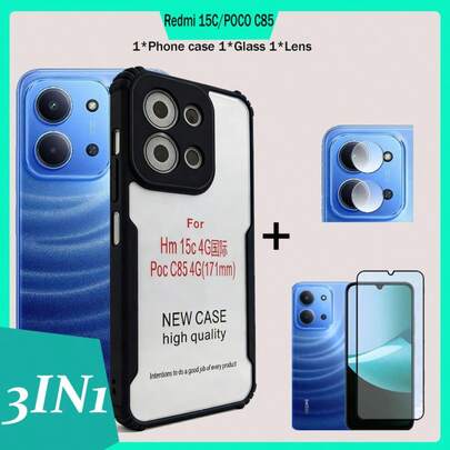 Bộ 3 trong 1 cho Redmi 15C/POCO C85: Ốp lưng acrylic chống sốc, trong suốt, bền chắc, chống ố vàng + Miếng dán màn hình cường lực 9H cho Redmi 15C/POCO C85 chống trầy xước, chống nứt vỡ, không bọt khí, thích hợp cho chơi game, hoạt động ngoài trời, học tập, du lịch + Miếng dán bảo vệ ống kính - Bộ 3 món tiện dụng - Dễ dàng lắp đặt