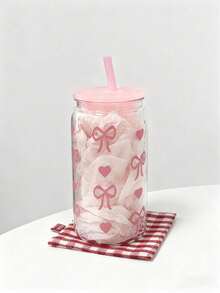 带吸管和盖子的玻璃杯，冰咖啡玻璃杯，蝴蝶结爱心印花水瓶，可爱美观的玻璃杯，可重复使用的玻璃咖啡杯，防漏旅行玻璃杯，玻璃饮具，女孩玻璃水瓶，爱心蝴蝶结玻璃杯，20盎司玻璃杯，女士美观饮具，可重复使用的吸管杯，玻璃冰咖啡杯 - 彩色 - 查看 10