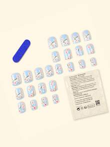24pcs Press On Nails Short Square French Nails Y2k Blue Nails With Flower Pattern Reusable Press On Acrylic Nails Fake Nails Supplies Free Of 24 Pieces Of Jelly Tabs And A Mini File - Baby Blue - View 2