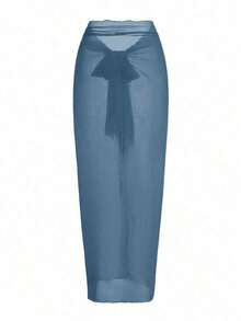 Swim Oasis Traje de baño de una pieza con panel de malla fruncida de unicolor y falda pareo - Azul - Ver 5