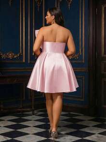 Smilprince Plus Size Fuchsia Woven Fabric Strapless Formal Dress, Front Button Design, Flared Skirt, Suitable For Women Wedding Party - Baby Pink - View 2