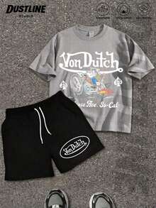 Handmade With Love Mens Creative T Shirt And Shorts Set American Vintage Full Print Street Wear Essential T Shirt Set Men Graphic T Shirt And Shorts Set Vons Dutchs Logo And Text Print Breathable Cotton Casual Outfit For Daily Wear And Leisure Activities Summer Outfits For Women Vacation Outfits Women Summer Clothes Summer - Grey 2 - 查看 1