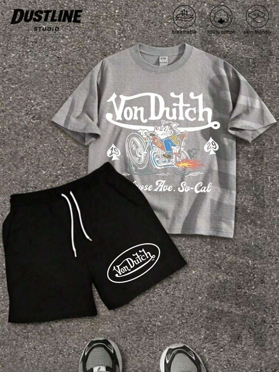 Handmade With Love Mens Creative T Shirt And Shorts Set American Vintage Full Print Street Wear Essential T Shirt Set Men Graphic T Shirt And Shorts Set Vons Dutchs Logo And Text Print Breathable Cotton Casual Outfit For Daily Wear And Leisure Activities Summer Outfits For Women Vacation Outfits Women Summer Clothes Summer - Grey 2 - 查看 1