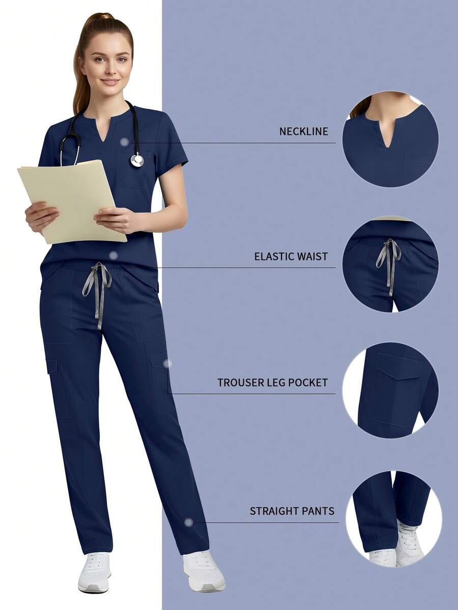 2 piezas Conjunto de uniforme de enfermera, que incluye parte superior con bolsillos + pantalones, adecuado para enfermería, sala de operaciones, salón de belleza y otros lugares de trabajo en primavera