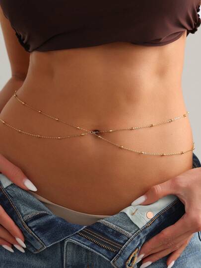 1 chiếc dây đeo eo nữ phong cách Bohemian tối giản bằng thép không gỉ mạ vàng 18K, dây đeo bikini gợi cảm, dây đeo bụng nhiều lớp, dây hạt eo, dây xích hình rắn chống thấm nước, phụ kiện trang sức cơ thể
