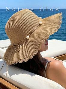 Summer Women's Khaki/Beige Bohemian Beach Hat Woven Straw Wide-Brimmed Sun Hat Pearl Decor Women's Vintage Hats Beach Accessories & Tropical Vacation - A - 查看 2