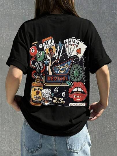 1 chiếc áo thun nữ tay ngắn cổ tròn mùa hè, in hình ban nhạc rock cổ điển và chủ đề âm nhạc, thích hợp cho mùa hè, đi biển, thời trang đường phố, mặc hàng ngày, đi làm, tiệc văn phòng, đi chơi, lễ hội, ngày Valentine, tiệc tùng thường ngày.