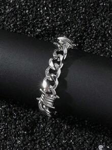 1pc Men's 11mm Wide Punk Stainless Steel Spike Interlocking Chain Bracelet For Boyfriend - Silver - View 2
