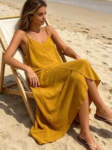 New Summer Style 2026 Sleeveless V Neck Irregular Cami Maxi Dress, Loose Loungewear Vacation Dress - 黃色 - 查看 4