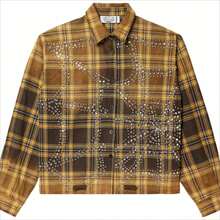 Men's Best-Selling Long-Sleeve Shirt: Full Crystal Rhinestone Embellishment - Unisex Streetwear, Hip-Hop & Rap Style Plaid Shirt - 黃色 - 查看 3