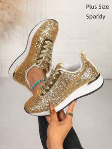 1 đôi giày thể thao nữ đính kim sa vàng, đế dày chống trơn trượt, giày đế xuồng chunky thời trang dễ xỏ, thích hợp cho việc đi lại hàng ngày. - Vàng - Xem 1