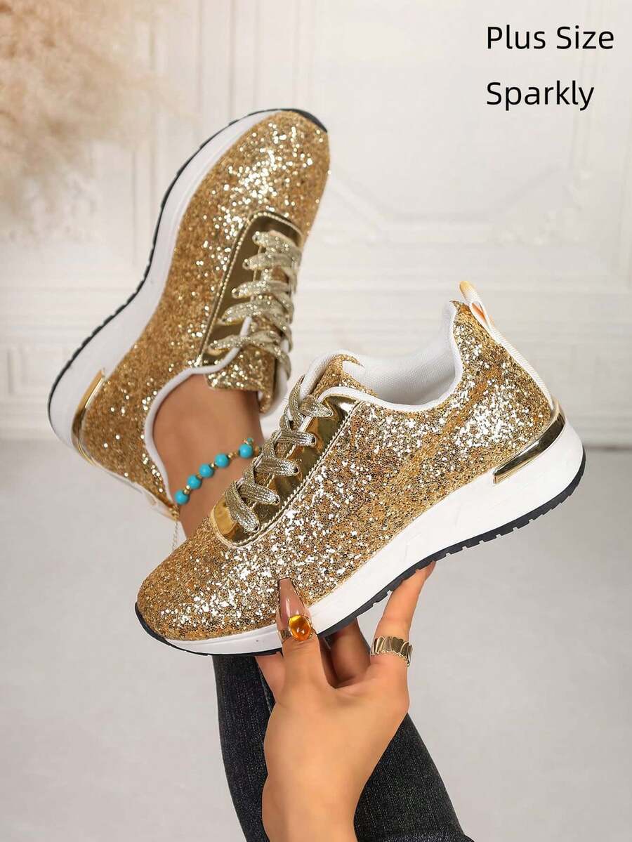 1 đôi giày thể thao nữ đính kim sa vàng, đế dày chống trơn trượt, giày đế xuồng chunky thời trang dễ xỏ, thích hợp cho việc đi lại hàng ngày. - Vàng - Xem 1