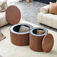 2-Piece Nesting Coffee Table Set, Roman Column Design MDF Round Tables With Built-In Storage, Walnut Grain Side Tables For Living Room Bedroom - 鏽棕色 - 查看 4