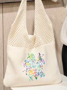 Women's Tote Bag, Large Capacity Knitted Hollow Mesh Beach Bag In Summer Vacation Style, Cute Octopus Pattern, Spring Holiday And Mother's Day Gift For Her - White - View 6