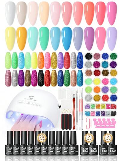coscelia 20 Colors Gel Nail Polish Kit With UV LED Nail Lamp, All-In-One Manicure Set With Base & No Wipe Top Coat, Nail Glitter Powder & Art Sequins, Complete Professional DIY Home Nail Art Kit For Beginners