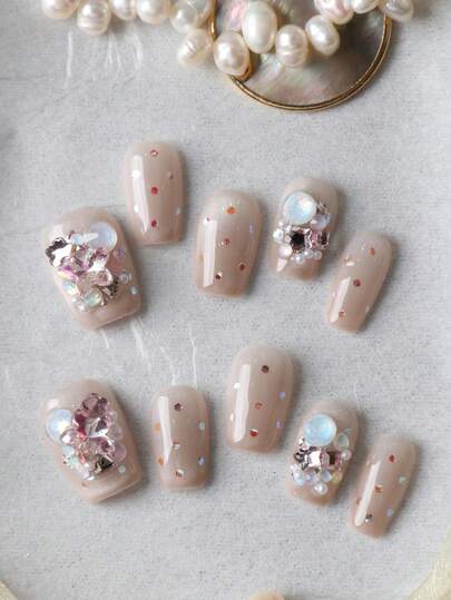 10pcs Press On Nails Pink Star Diamond Light Brown Cat Eyes Nails Press On False Nails Handmade Press On Nails Supplies Fake Nails Short Office DailyWear False Nails Artificial Nails Kit Includes 1sheet Adhesive Tabs &1 Pc Mini File