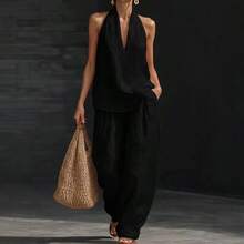 Boho  Two Piece Set - Perfect For Beach, Vacation & Brunch! Halter Neck Sleeveless Top Wide Leg Pants Set # TwoPieceSet # LinenSet # WideLegPants # HalterNeck # SummerOutfit # BohoFashion # CasualWear # Outfit Of The Day # WomensFashion - 黃綠色 - 查看 7