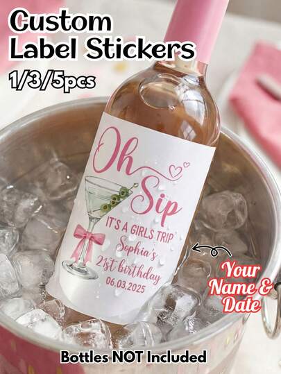 1/3/5 PCS Personalized Girls Travel Wine Bottle Labels, Custom Self-Adhesive Stickers, 4 Sizes Available, Customizable With Name, Birthday Age And Date, Great For Bachelorette Parties, Birthday Celebrations, Girls Night Out And Party Decoration, High Quality Colorful Modern Design, Reusable DIY Stickers, Create Fun, Great Gift For Female Friends