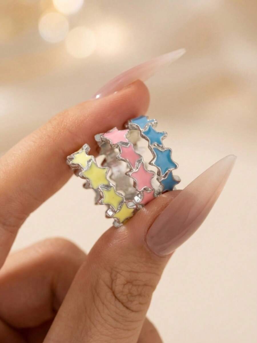 3 pièces/set Bagues asymétriques en forme d'étoile inspirées de la dopamine, design unique. Bijoux élégants, personnalisés, de mode fraîche et douce, pour un port quotidien, en cadeau, pour une fête - Multicolore - Voir 1
