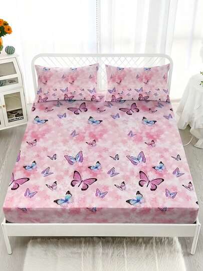 1pc Cute Pink Tie Dye Butterfly Print Pattern Bed Sheets Soft & Comfortable Fitted Sheet,Mattress Protector, Skin-Friendly Fitted Sheet, Suitable For Twin/Full/Queen/King Size Bed, Machine Washable, Ideal For F Bedroom Decor