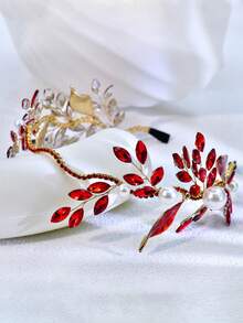 闪亮红色水晶合金叶子新娘头饰，适合新娘和伴娘佩戴 - 紅色 - 查看 5