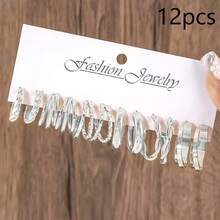 60/48/36/24/12pcs Vintage Classic Punk Style Metal Earrings Set For Women, Elegant Faux Pearl Heart Stud Earrings, Exaggerated Geometric Square Hoop Earrings, Suitable For Daily Wear And Music Festivals, Also An Ideal Gift For Holidays And Mother's Day - Silver - View 17
