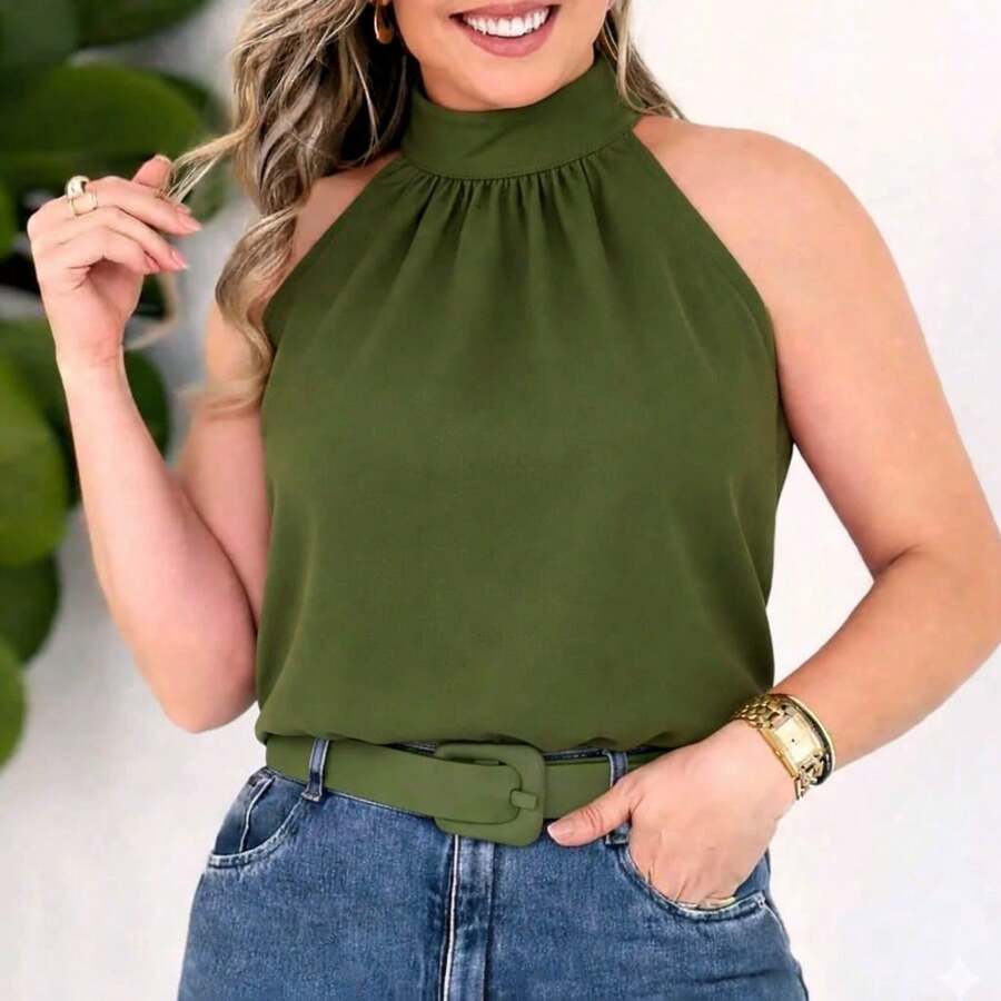 BLUSAS FEMENINAS ESTILOSA GOLA ALTA COM AMARRAÇAO - Verde Militar - Visão 1