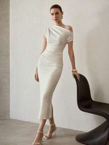 PREMIUM WOMEN'S APRICOT ASYMMETRICAL SHOULDER WAIST CINCHED ELEGANT MID-LENGTH DRESS - 杏色 - 查看 7