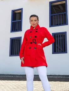 Women's Medium Overcoat With Pockets And Buttons, Elegant Wool, Winter - Red - View 4