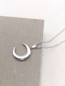 1pc Stainless Steel Oil Pressure Moon & Ox Horn Shaped Pendant Necklace, Bohemian Style Minimalist Unique Jewelry For Women - Silver - View 1