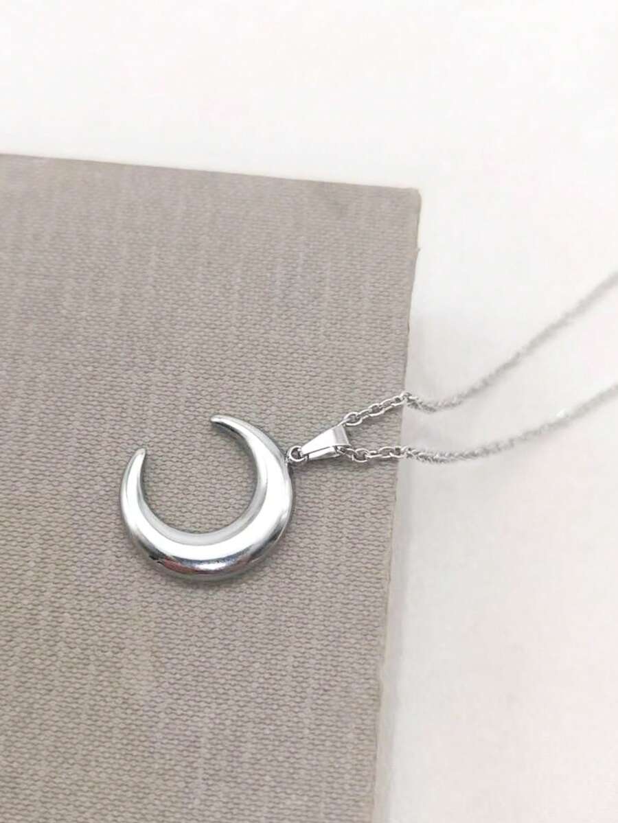 1pc Stainless Steel Oil Pressure Moon & Ox Horn Shaped Pendant Necklace, Bohemian Style Minimalist Unique Jewelry For Women - Silver - View 1