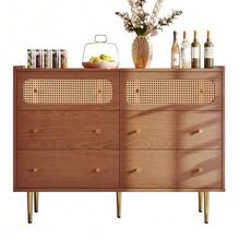 Chest Of Drawers With 6 Drawers, Rattan Sideboard/Display Cabinet For Bedrooms And All Living Areas, Walnut - 90cm High X 120cm Wide X 40cm Deep. - Redwood - View 1