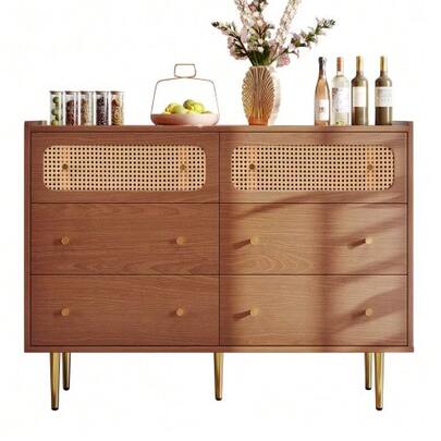 Chest Of Drawers With 6 Drawers, Rattan Sideboard/Display Cabinet For Bedrooms And All Living Areas, Walnut - 90cm High X 120cm Wide X 40cm Deep.
