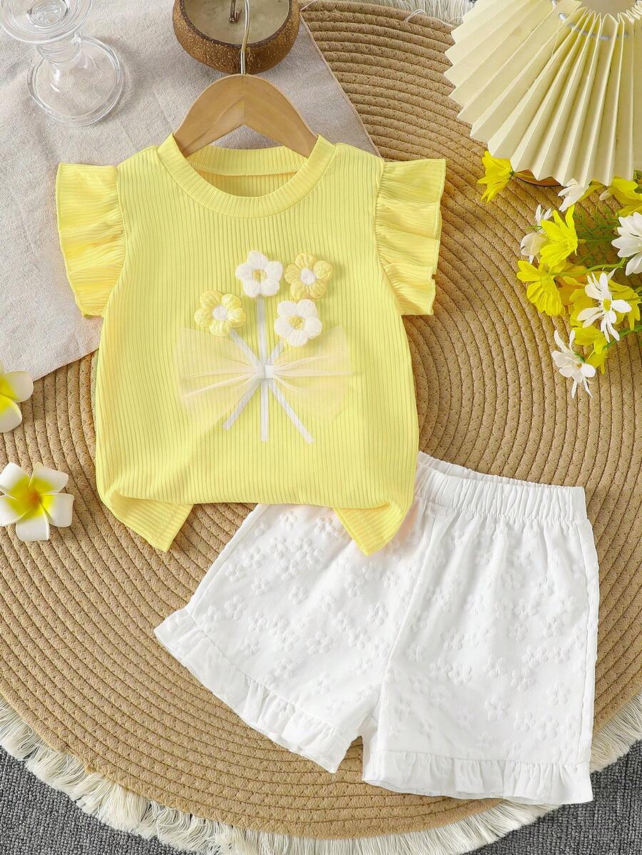 2pcs/Set Toddler Girls' Cute 3D Floral Decor Round Neck Short Sleeve Casual Tank Top And Yellow Ruffle Hem Shorts Set, Summer 2025 - Yellow - View 1