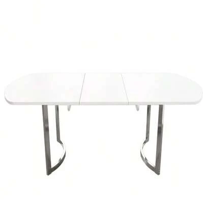 Extendable Dining Table 140/180 X 80 Cm, Extendable Length Up To 180 Cm, Silver Metal Legs, Modern Style, High-Strength Alloy Support, Suitable For 4-6 People, White And Silver Legs.