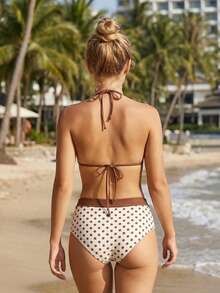 Women's Vertical Striped/Dot Bikini Set Beaded Halter Bikini Tops With High Waisted Drawstring Shorts Beach Wear - Yellow - View 2