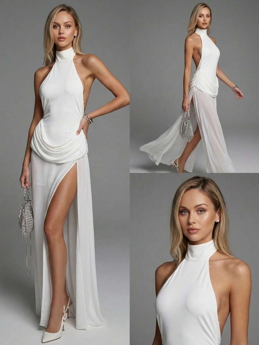 Women's Sheer Mesh Halter Backless Maxi Dress With Side Slit And Flowing Silhouette, Party Dresses For Elegant Parties And Special Occasions - trắng - Xem 1